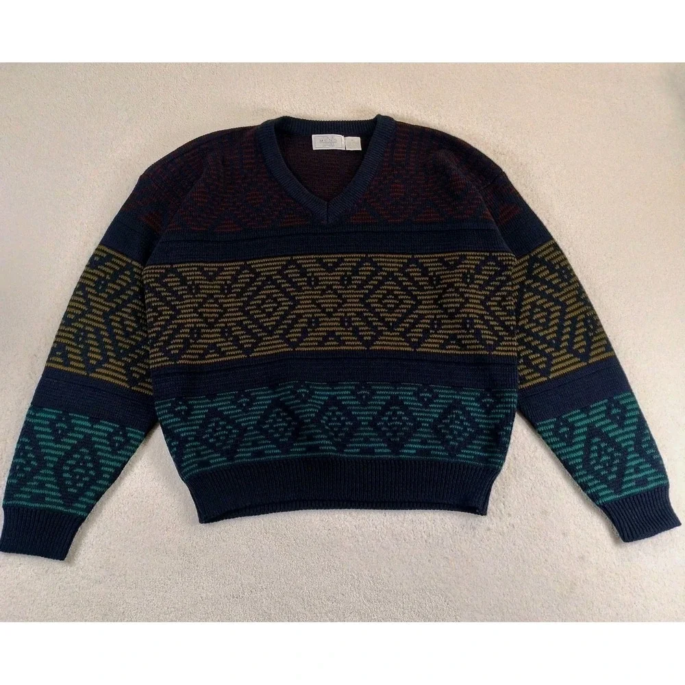 VTG Sears Men's Store V Neck Sweater Men's XL Multi Geometric Aztec Knit 90's
